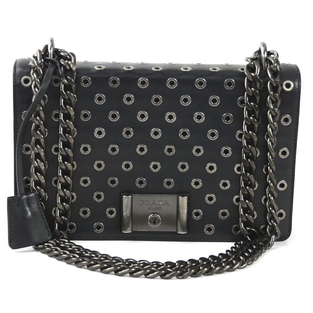 Prada shoulder bag leather metal black gunmetal